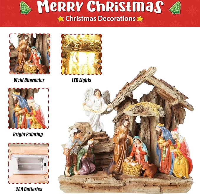 Nativity Sets 9.8 Inch Christmas Village Manger Nativity Scene Indoor Baby Jesus Christmas Decorations Tabletop Scenes Figures Set Christmas Ornaments