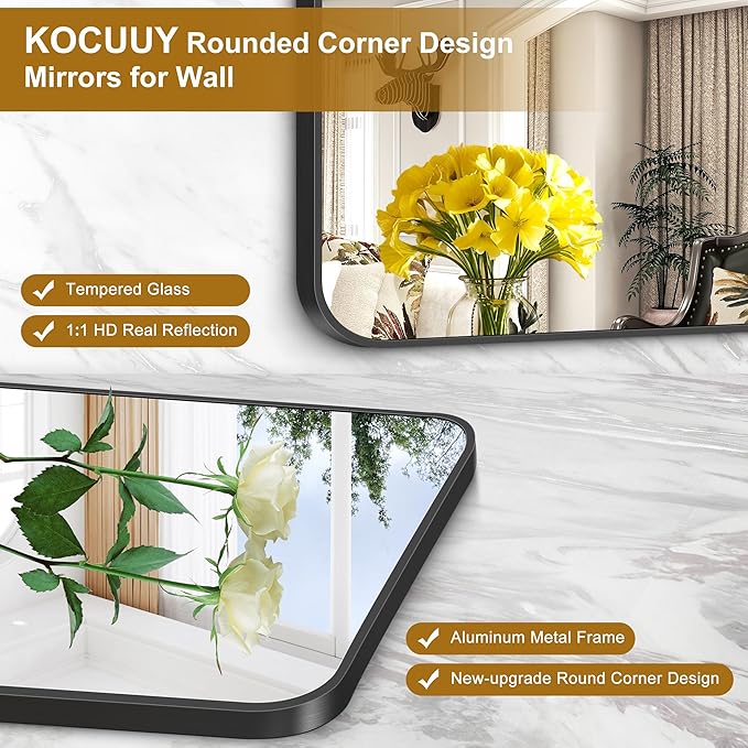 KOCUUY Bathroom Mirror 30"x30", Black Square Mirrors for Over Sink, Modern Vanity Mirror with Rounded Corner Metal Frame, Shatterproof Designed Wall Mirror for Bedroom, Living Room, Entryway