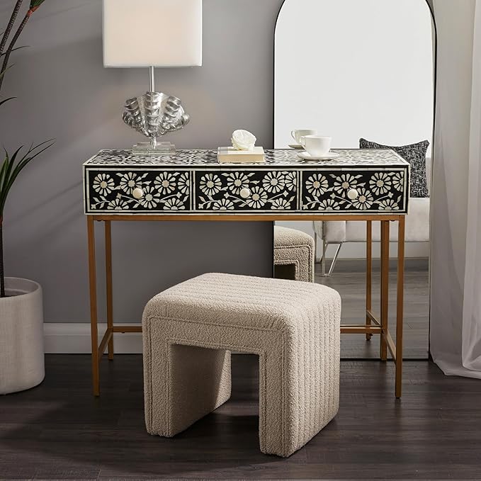 Get Set Style Vanity Stool Chair,Modern Boucle Ottoman Foot Stool with Wooden Legs Sofa Bench Footstool Extra Seat for Vanity,Makeup Room,Living Room,Entryway,Office (Fully Assembled)