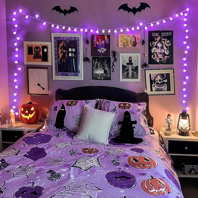 JMEXSUSS Purple Halloween Lights Indoor, Connectable 100 LED Globe String Lights Plug in with Remote, 33ft 8 Modes Purple String Lights Outdoor for Bedroom Room Party Halloween Decor