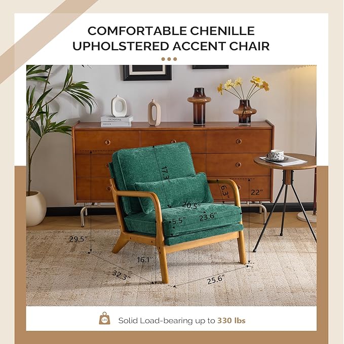 VINGLI Chenille Mid-Century Modern Accent Chair Set of 2, Cute Reading Arm Chair with Cushion & Lumbar Pillow & Solid Wood Frame for Lounge, Living Room, Reading Room, Bedroom, Forest-Green