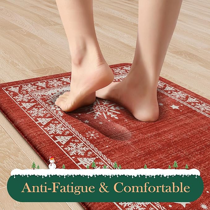 Christmas Kitchen Mats for Floor 2 Piece, Snowflake Kitchen Floor Mats Cushioned Anti Fatigue Kitchen Rugs Non Slip, Bordered Comfort Thick Standing Mat for Home Decor,Sink(Red)