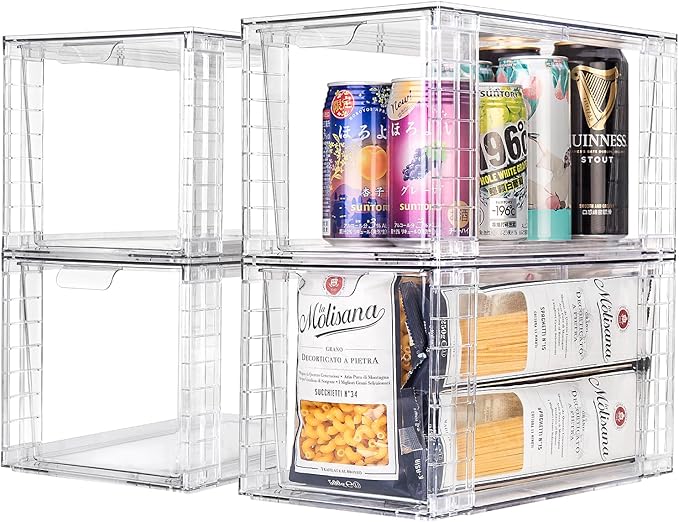 1Pack Large Stackable Kitchen Storage Drawers, Clear Foods Organizer Bins with Handles, Easily Assemble for Bathroom, Kitchen, Pantry, Cabinet, Closet(XL-UP Handle)
