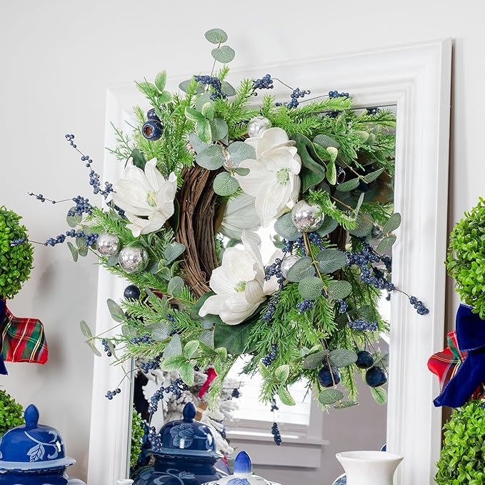 AuldHome Design Magnolia Floral Picks (3-Pack, White); Artificial Magnolia Greenery Flowers for Christmas and Seasonal Decor