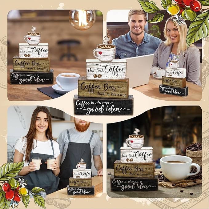 4 Pcs Wooden Coffee Bar Tabletop Decor Coffee Tiered Tray Decor Rustic Wood Bar Sign Gift Farmhouse Table Centerpiece Farmhouse Decorations for Home Kitchen