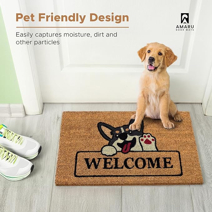 Welcome Dog - 17"x29" - Coir Door Mat with Heavy Duty Backing - Welcome Mats for Entryway, Porch - Anti-Slip PVC & Coconut Fiber Surface - Natural Home Accessories, Minimalist Original Design