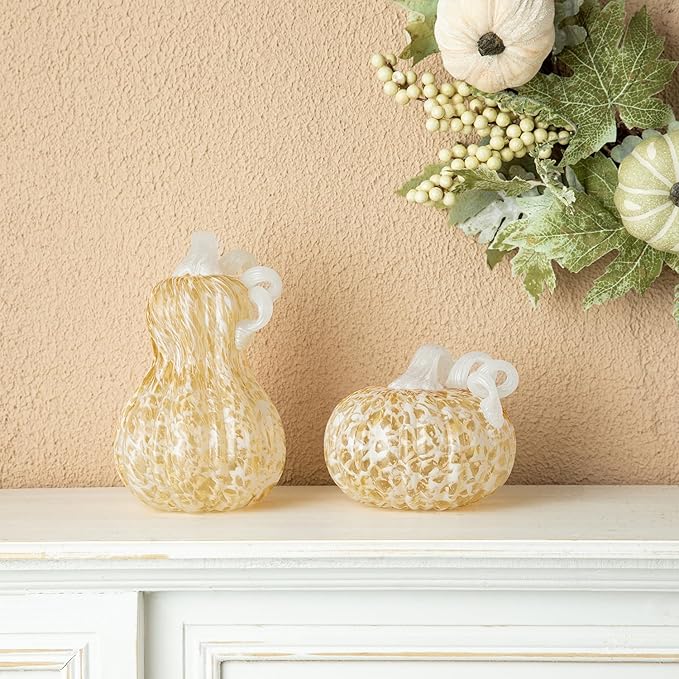 Glitzhome 6" D Fall Amber Dots Round Glass Pumpkin,Hand Blown Crystal Pumpkin Figurine Collectibles Table Accent for Fall Harvest Decorating