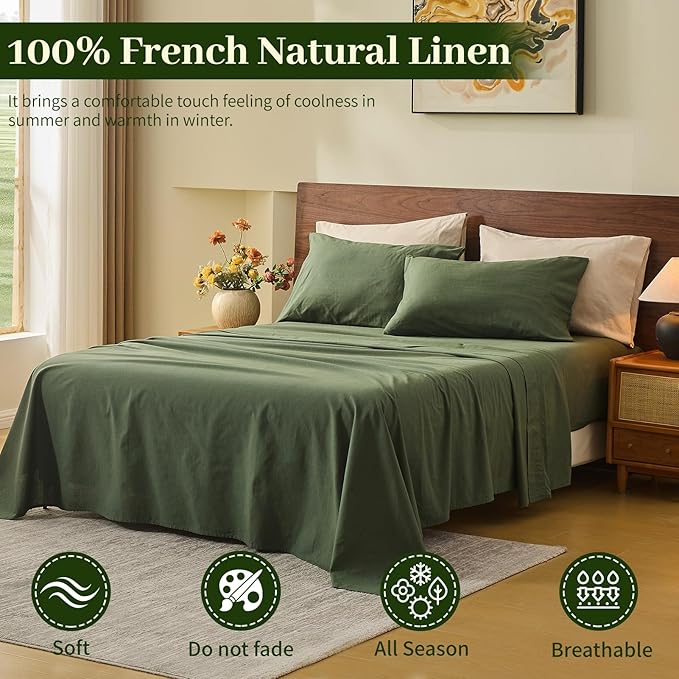 MEISHANG 100% French Pure Linen Sheets Queen Size - Bed Sheets 4 Piece Sets, Soft Durable Flax Linen, Anti-Tear Breathable Oeko-Tex Certified with 16" Deep Pocket (Forest Green)