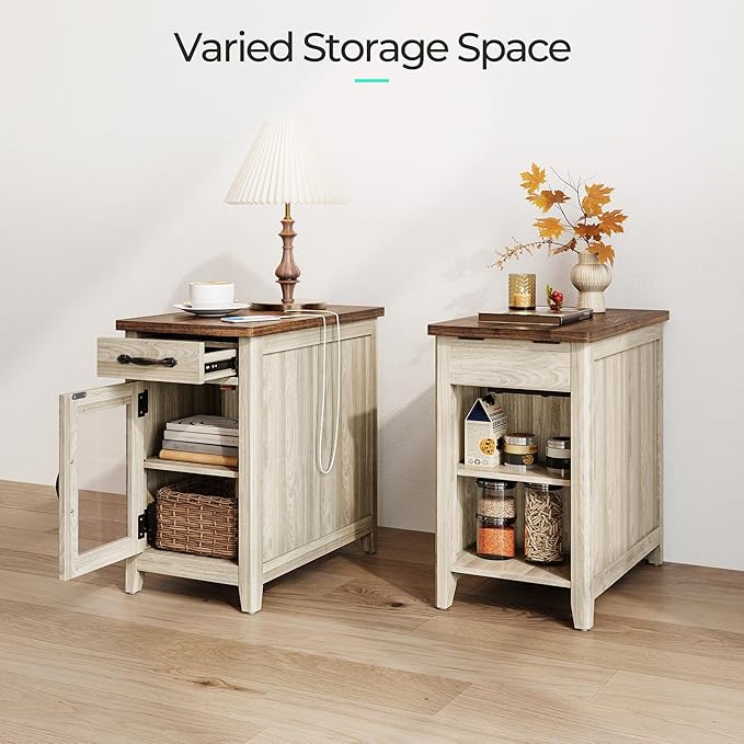LINSY HOME Farmhouse End Table with Charging Station, Narrow Side Table for Living Room, Sofa Side Table with Drawer and Storage Cabinet, Small Nightstand for Home Office