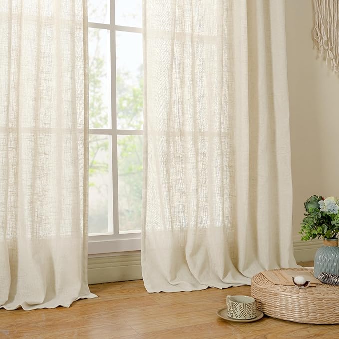 LAMIT Beige Linen Curtains for Living Room 2 Panels Set, 68 Inch Faux Linen Textured Light Filtering Drapes Back Tab and Rod Pocket Boho Panels for Farmhouse/Bedroom/Porch, 52 x 68 Inch