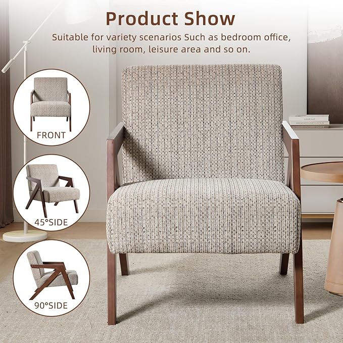 INZOY Mid Century Modern Accent Chair with Wood Frame, Upholstered Reading Armchair with Soft Linen Fabric, Accent Chair for Living Room Bedroom Apartment, Easy Assembly, Brown