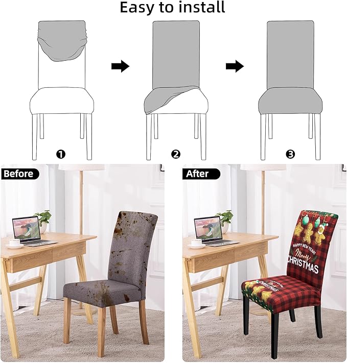 Christmas Chair Covers for Dining Chairs, Dining Room Chair Covers Set of 4, Stretch Parsons Chair Slipcovers, Removable Washable kitchen Chair Cover for Home Hotel Banquet Holiday Decoration
