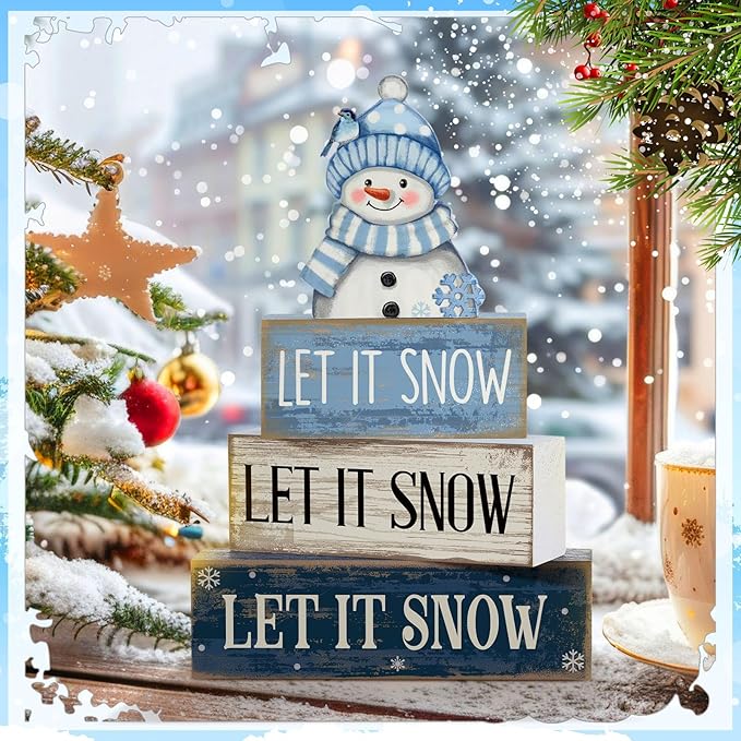4 Pcs Christmas Table Decoration Wooden Snowman Winter Tiered Tray Decor Christmas Centerpiece Decorative Snowman Block Sign Gift Winter Decoration for Home Kitchen Shelf Office