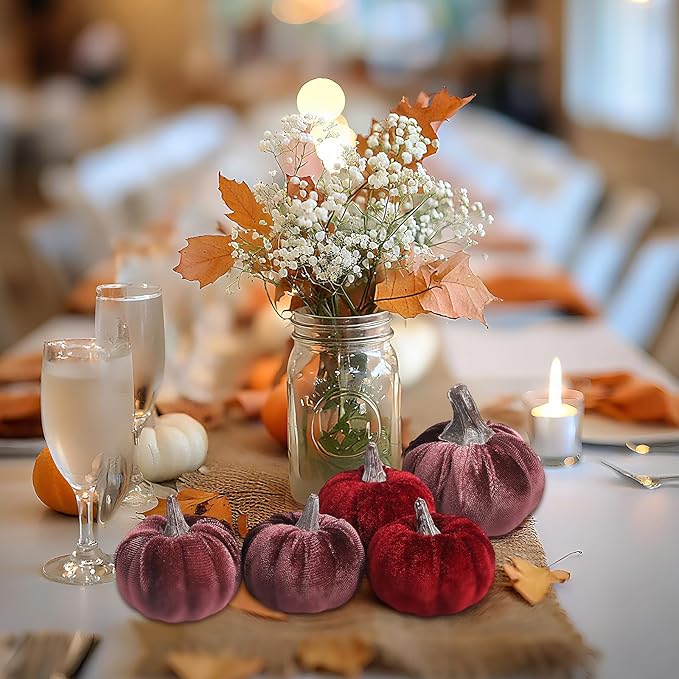 12pcs Velvet Fake Pumpkins Fall Decor Faux Small Foam Fabric Pumpkin for Autumn Table Centerpiece Party Farmhouse Harvest Thanksgiving (Dark Red/Mulberry)
