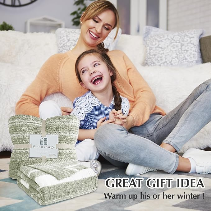 WRENGONGE Sage Green Throw Blanket, 60x80 Soft Cozy Striped Throw Blankets for Couch, Sofa, Bed, Travel, Lightweight Fluffy Warm Plush Decorative Blankets for Women, Men,Kids