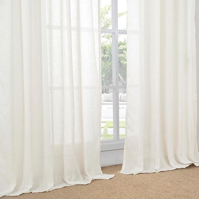 BGment Linen Semi Sheer Curtains 63 Inch Length for Living Room - Ivory Textured Light Filtering Window Drapes with Rod Pocket Lightweight Rustic for Farmhouse Bedroom, 2 Panels Set, 52 X 63 Inch