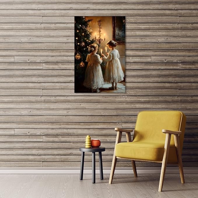 Vintage christmas wall art christmas tree wishing girl canvas poster winter room holiday decoration for farmhouse cabin living room bedroom Framed12x18inch