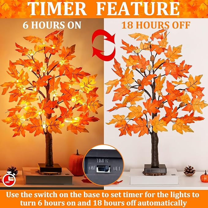 2 Pack 24 Inch Lighted Fall Tree for Fall Decorations with 48 LED Timer Battery Operated Tabletop Prelit Artificial Fall Light Up Tree for Home Indoor Outdoor Autumn Harvest Thanksgiving Table Decor