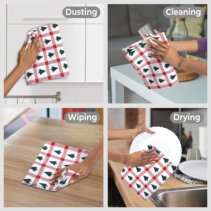 Urban Villa Christmas Kitchen Towels Christmas Tree Print Premium Quality 100% Cotton Dish Towels Mitered Corners Ultra Soft (Size: 20X30 Inches) Highly Absorbent Bar Towels & Tea Towels - (Set of 6)