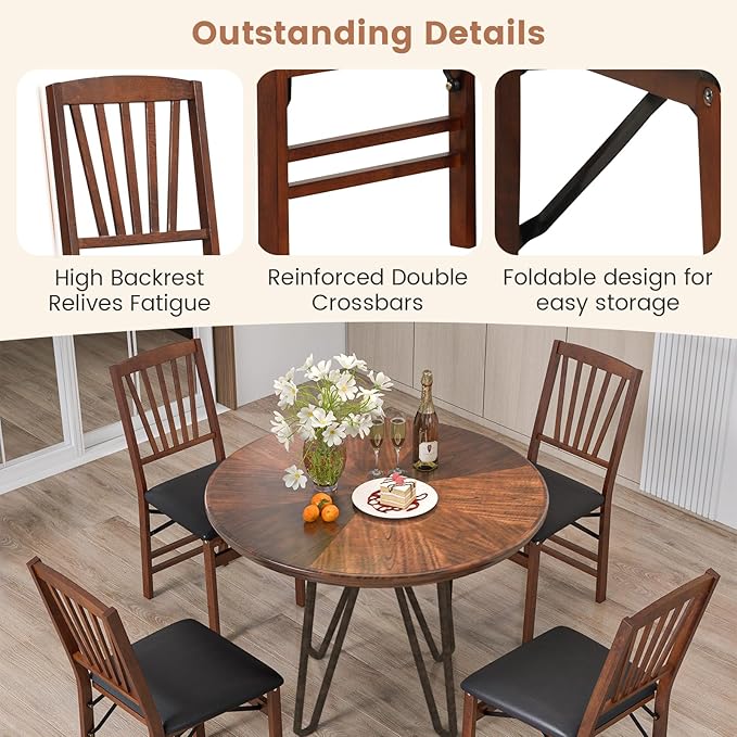 COSTWAY Folding Dining Chairs Set of 4, Upholstered Wooden Dining Room Chairs with PVC Padded Seat, Solid Wood Frame and 400LBS Capacity for Kitchen Apartment (Black & Brown)