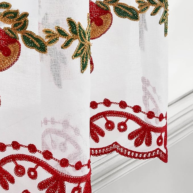 Deconovo Christmas Kitchen Tier Curtains, Embroidered Cafe Tiers, Semi Sheer Window Treatment with Rod Pocket, Light Filtering for Small Windows, Door & Sink Areas, 28W x 36L, Golden Bell, 2 Panels