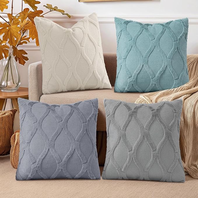 decorUhome Set of 4 Throw Pillow Covers 16x16 Inch, Neutral Decorative Soft Plush Faux Wool Couch Pillow Covers, Farmhouse Pillow Cases for Living Room Bed Sofa (Beige/Grey)