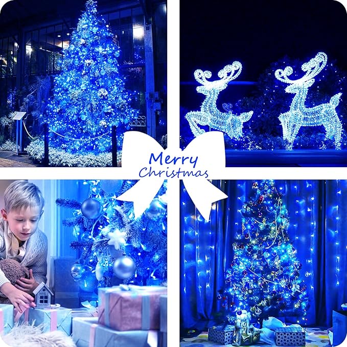 2 Pack Halloween String Lights Battery Operated with Timer, 66FT 200 LED Waterproof Battery Twinkle Lights, 8 Modes Fairy Light for Indoor & Outdoor Party Bedroom Garland Tree Christmas Decor (Blue)