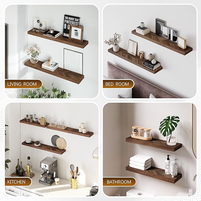 24" Acacia Chevron Floating Shelves Set of 2 - Wall Mounted Wooden Shelf for Stylish Home Dรฉcor - Walnut Color - 24x6.7x1.5 Inches