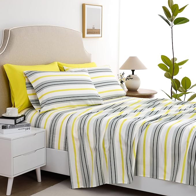 King Size Bed Sheets Set Deep Pockets - 6PC Stripes Ultra Soft Microfiber Bed Sheets - Easy to Clean, 90 Thread Count Sheets with Fitted Sheet, Flat Sheet & Pillowcases (Grey/Yellow)
