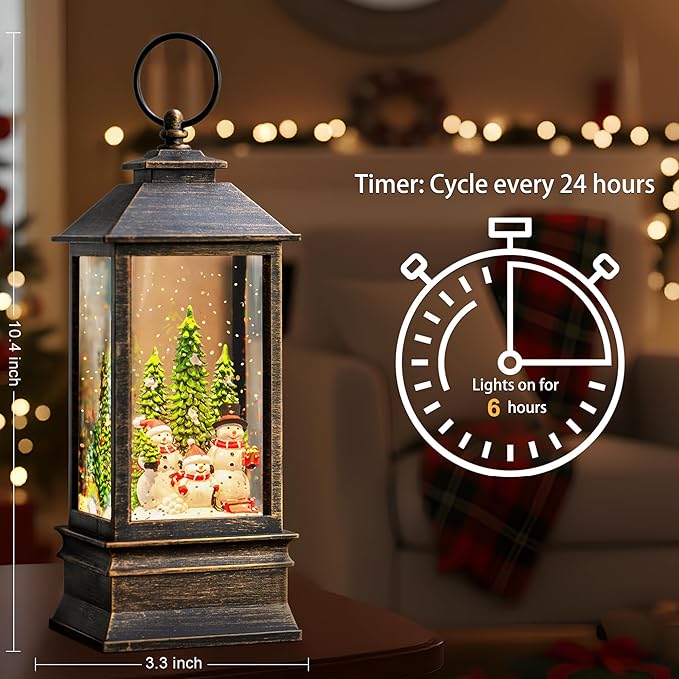 10.4" Christmas Snow Globe Water Lantern with Snowman Family Sledding Scene Battery Operated or USB Powered Musical Lighted Holiday Decoration for Tabletop Display for Family and Friends