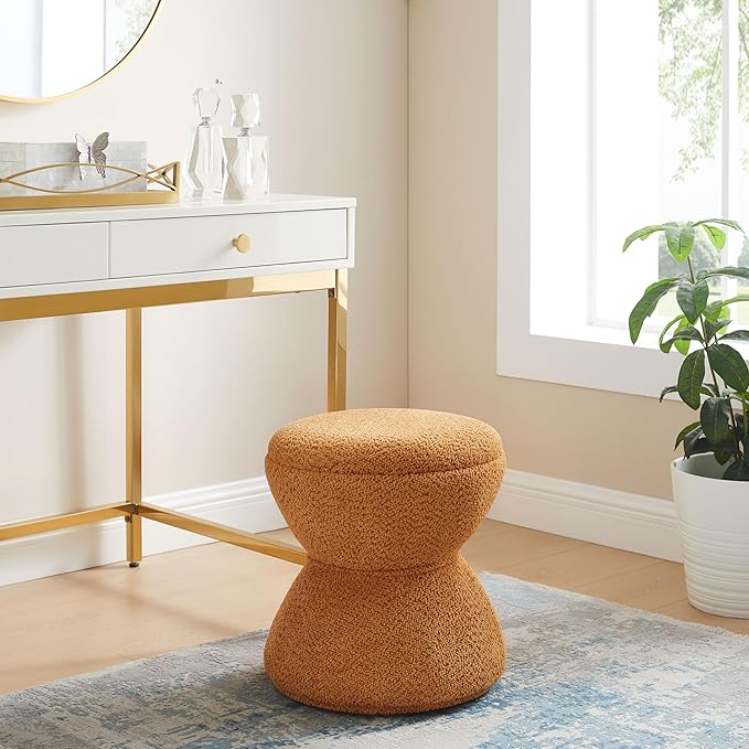 Multi-Functional Boucle Ottoman, Vanity Stool Chair, Sturdy Rotating Wooden Footstool, Suitable for Living Room, Bedroom, and Entryway, Without Installation, Swivel, Curry