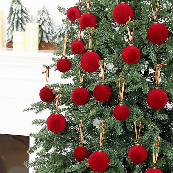 36 Pcs Velvet Christmas Balls Bulk - Flocked Christmas Tree Ball Ornaments Hanging Decoration for Xmas Tree, Wreath, Home or Party Decorations, 2.36", 2.76", 3.15"(Wine Red)