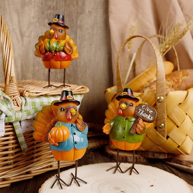 FORUP Thanksgiving Turkey Tabletop Centerpiece Decor, Set of 3 Resin Turkey Friends Decoration for Autumn Fall Thanksgiving Harvest Home Decorations