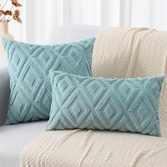 decorUhome Couch Throw Pillow Covers 20x20 Set of 2, Decorative Soft Plush Faux Wool Neutral Accent Pillow Covers for Bed Sofa Living Room, Light Teal