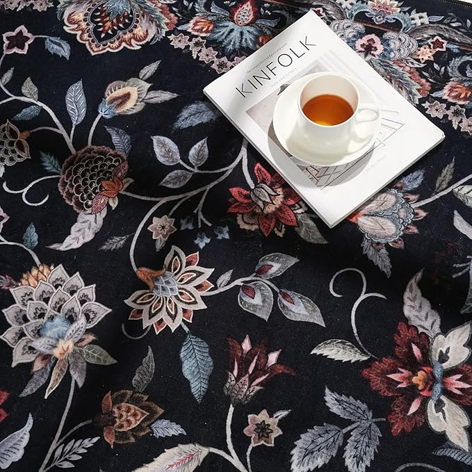 Rugcomf Vintage Paisley Rugs for Living Room 8'x10' - Machine Washable Area Rug, Non-Slip Low Pile Large Floral Carpet for Bedroom, Dining Room, Farmhouse, Office, Kids Playroom - Black