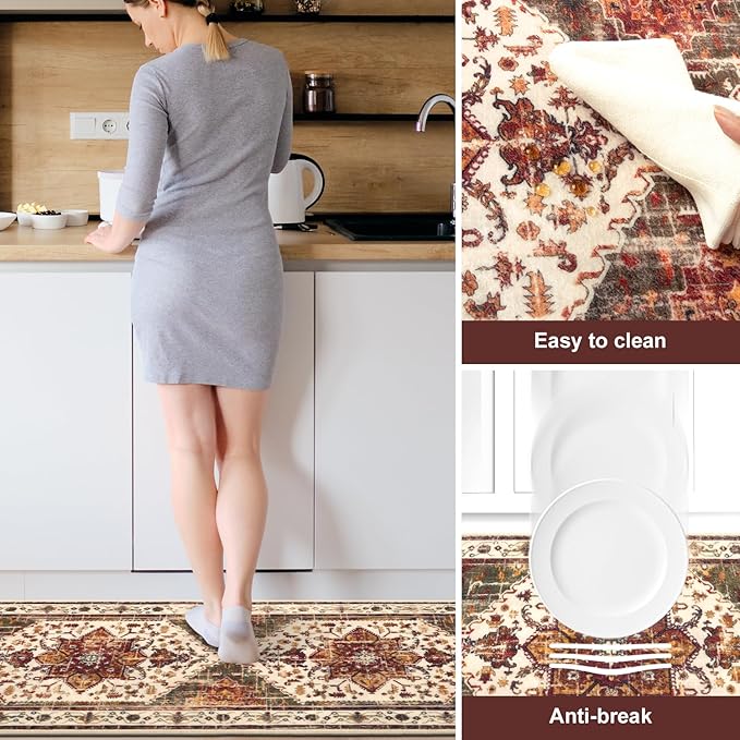 Yamaziot Boho Washable Kitchen Rugs Sets of 3, Non Slip Kitchen Mats for Floor with Rubber Backing, Waterproof & Stain Resistant Thick Carpet Runner Throw Rug for Kitchen, Laundry Room, Hallway