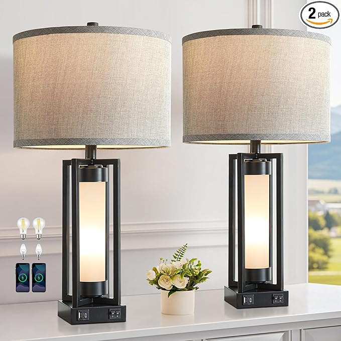 RORIANO Set of 2 Modern Table Lamps for Living Room with USB C+A Ports, Rustic Nightstand Lamp with White Night Light, Retro Desk Lamp for Bedroom End Table Entryway, 4 Bulb Included (Black)