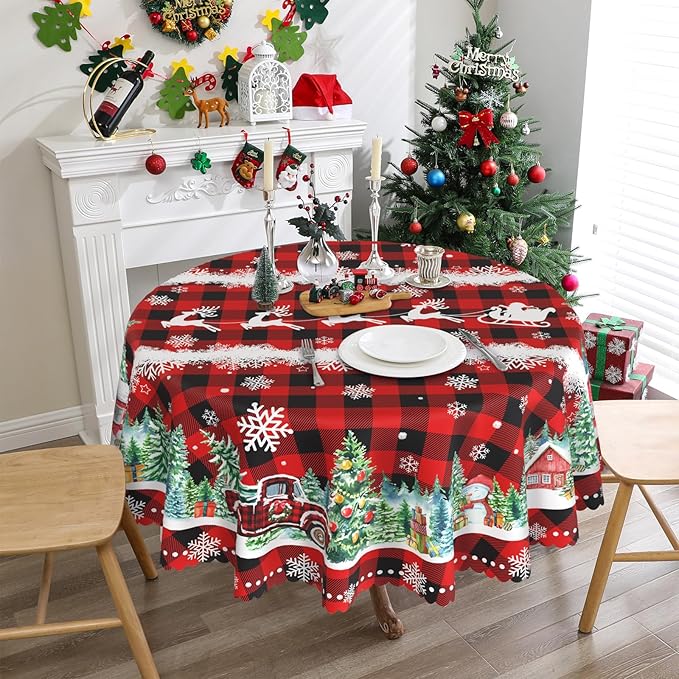 Round Christmas Tablecloth 70 inches - Christmas Decorations for Home - Water Resistant Red Truck Xmas Holiday Buffalo Plaid Xmas Decor for Table, Party,Kitchen