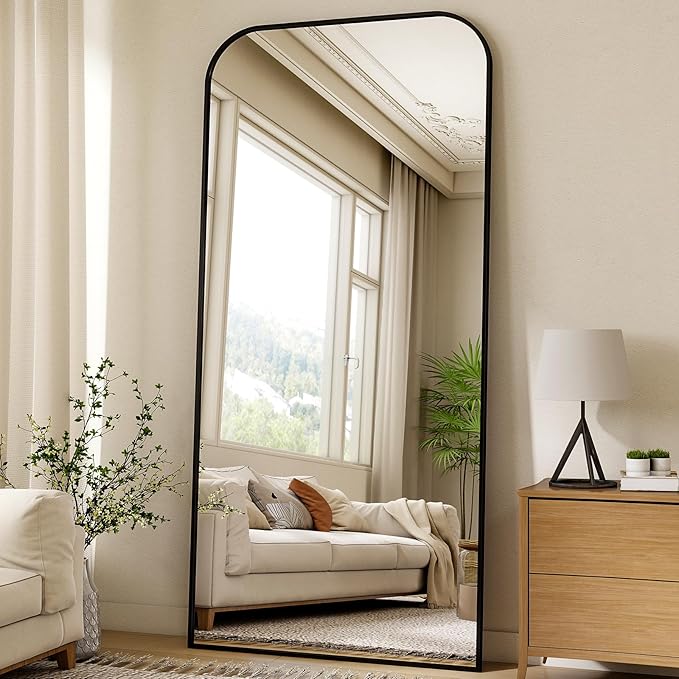77''x 38'' Full Length Mirror, Rectangular Full Body Mirrors with Stand, Wall Mounted Mirror for Home Decor, Floor Mirror with Aluminum Alloy Thin Frame, Black