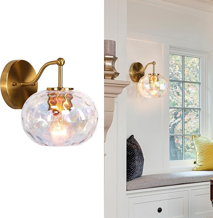 Gold Wall Sconce Light Colorful Hammered Glass Vanity Lighting Brushed Brass Wall Lamp for Bathroom Over Mirror