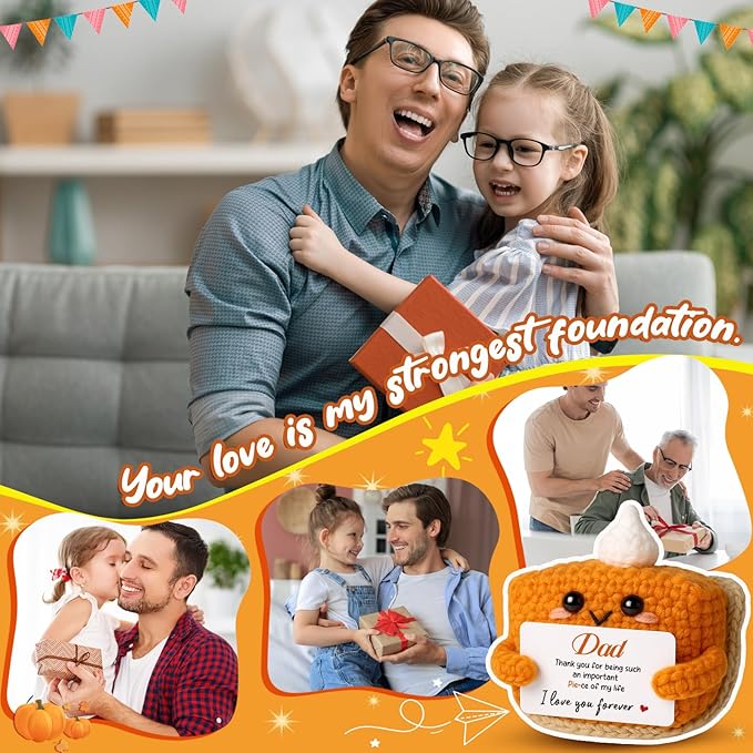 Thank You Gifts for Dad from Daughter Son Wife, Mini Crochet Pumpkin Pie Plush Birthday Gifts for Dad Bonus Step Fathers, Halloween Thanksgiving Christmas Stocking Stuffer Emotional Small Cute Decor