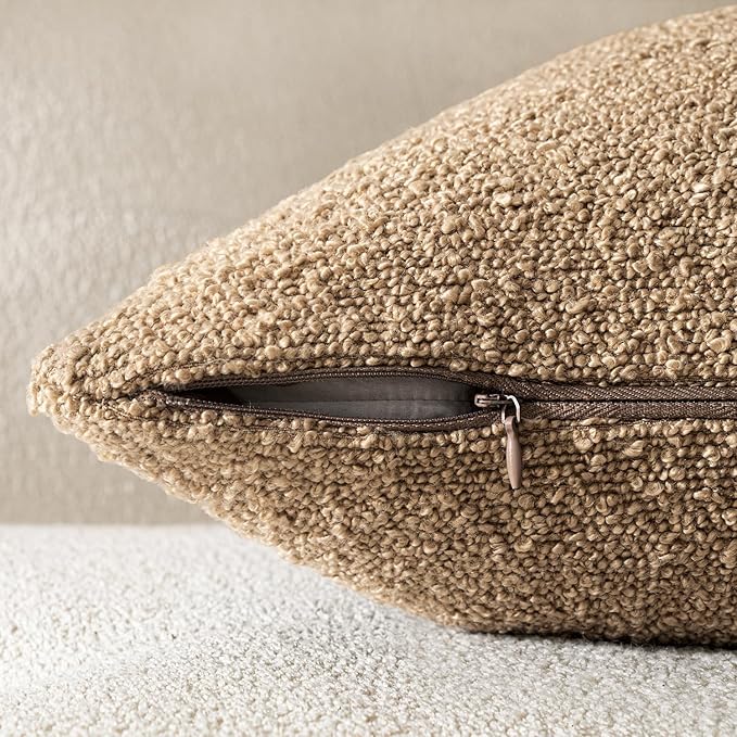 Woaboy Pack of 2 18x18 Inch Decorative Boucle Throw Pillow Covers Textured Square Pillowcaes Accent Solid Cozy Soft Cushion Covers Home Decor for Sofa Couch Living Room Home Decor,Khaki