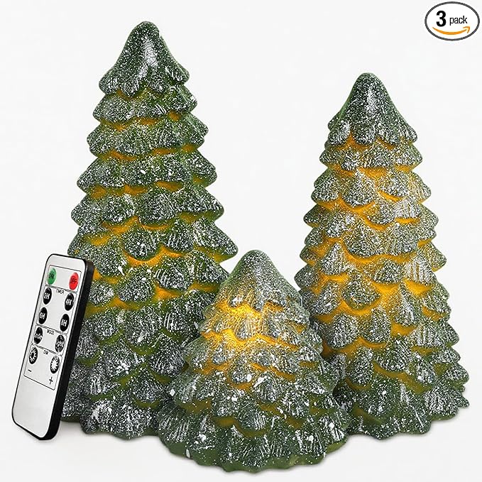 Green Christmas Tree Figurines Hand-Painted Tabletop Tree Flameless Candles Real Wax Flickering LED Battery Operated with Remote Lighted Christmas Tree Decoration for Shelf Fireplace Mantel Holiday