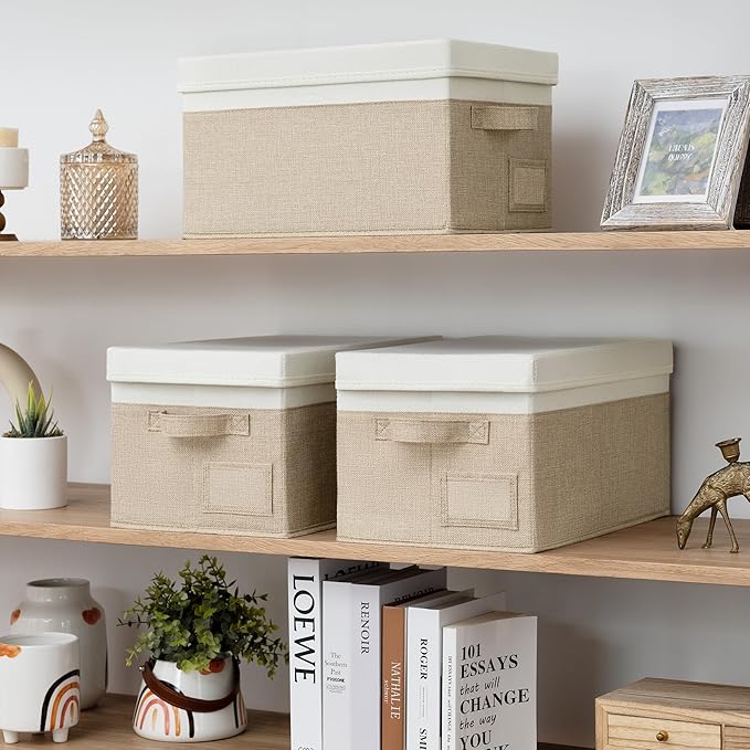 GRANNY SAYS Storage Basket with Lid, Linen Fabric Storage Bins for Shelves, Decorative Storage Boxes, Clothes Storage and Organization, Memory Keepsake Box, 3-Pack, Khaki&Ivory