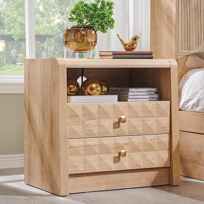 Modern Nightstand with Charging Station, Wood End Table w/2 Storage Drawers and Open Shelf, Mid Century Modern Bedside w/Diamond Panel Decorate for Bedroom, Curved Profile Design, Natural Oak