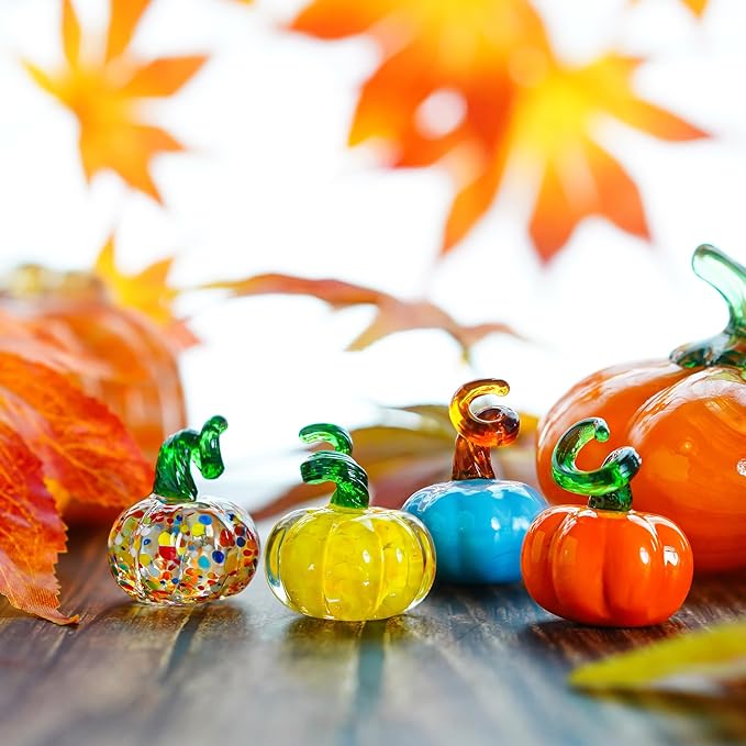 H&D HYALINE & DORA 8pcs Small Blown Glass Pumpkin Figurine Collectible Handmade Glass Halloween Pumpkin Table Art Decor for Home Thanksgiving Halloween(Colorful)