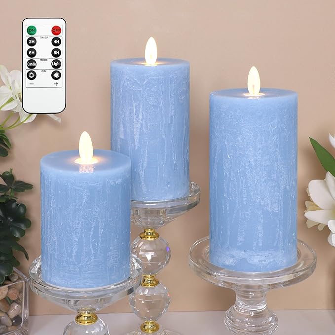 Rustic Blue Flameless Candles with Remote Control & Timer Function Real Wax Ocean Pillar LED Candles Rough Texture Design Battery Candles for Home Party Wedding Christmas Nautical Decor Set of 3