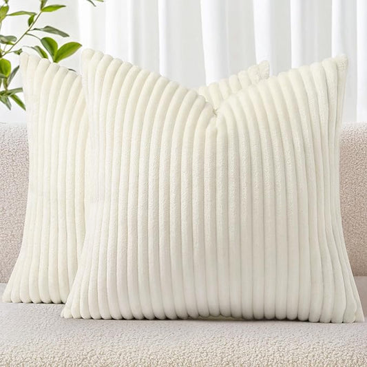 Simmore Decorative Fall Throw Pillow Covers 22x22 Set of 2, Soft Natural Plush Flannel Double-Sided Fluffy Couch Pillow Covers for Sofa Living Room, Cream White