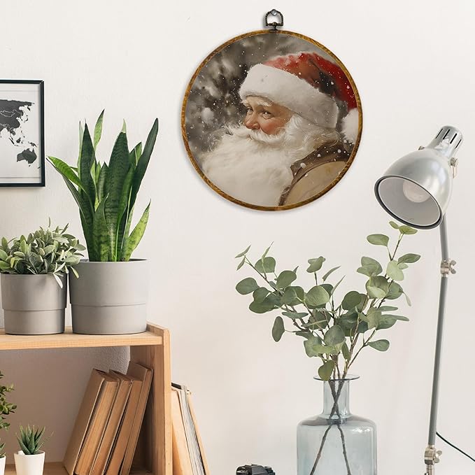 XPH Vintage Christmas Santa Round Wall Art Framed, Rustic Christmas Circle Wall Decor, Farmhouse Cozy Winter Xmas Hanging Canvas Prints for Home Bedroom Living Room Decoration, 10x10 Inch
