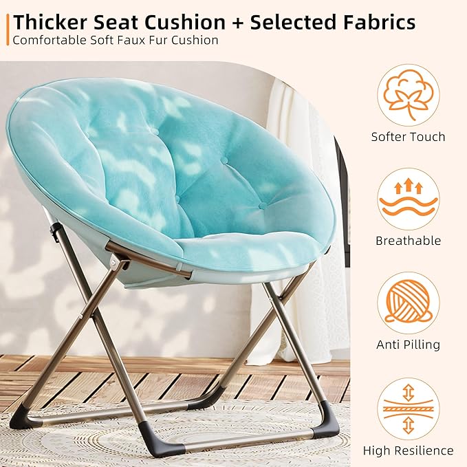 Comfy Saucer Chairs, Blue Folding Reading Lounge Chair, Cozy Faux Fur Living Room Chair with Soft Thick Padded Seat & Metal Frame, Modern Style Bedroom Home for Kids Adults, X-Large, Gold Legs